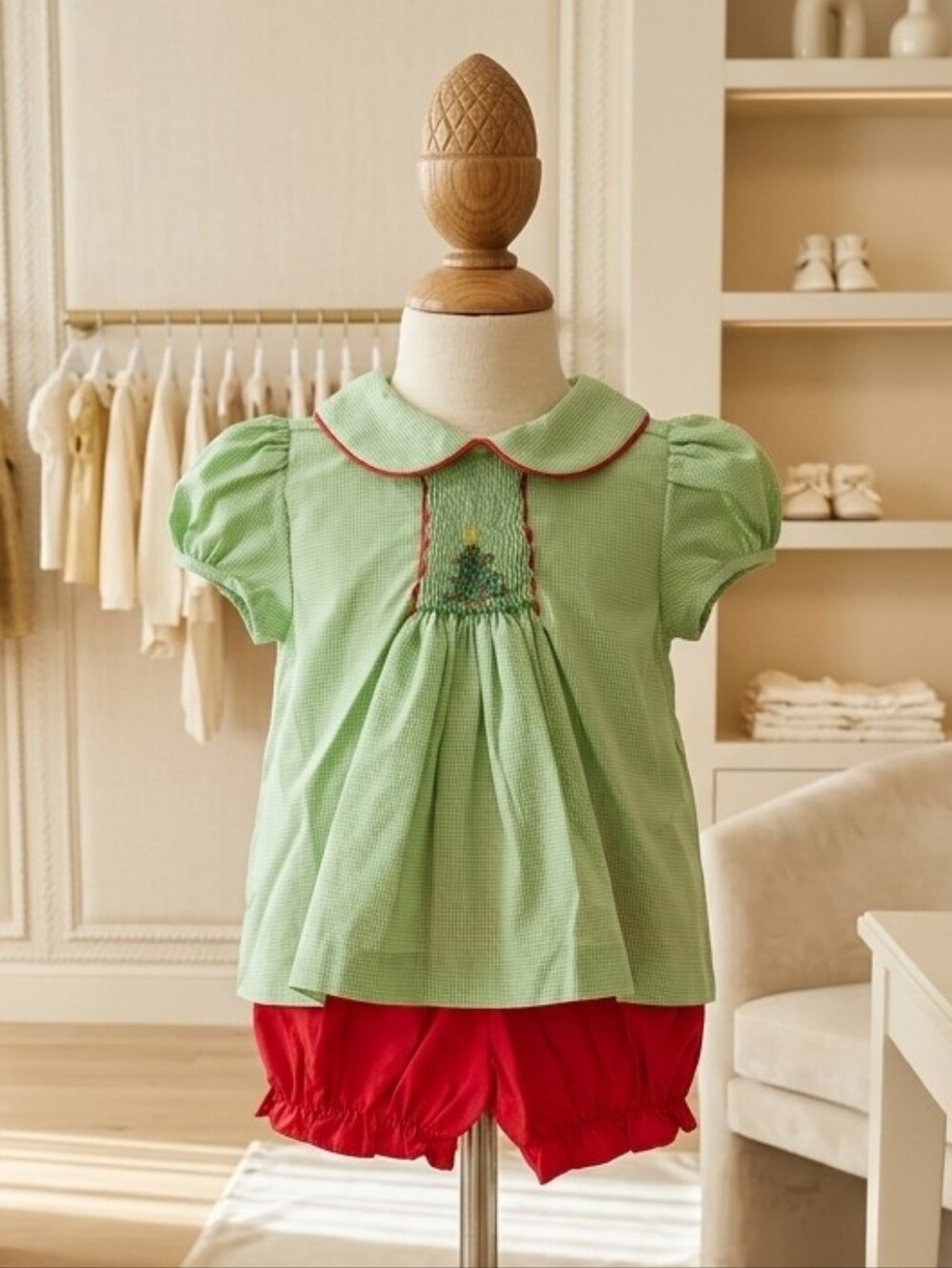 Baby Blessings Smocked Christmas Tree Outfit Red Bloomer Set 3M Boutique